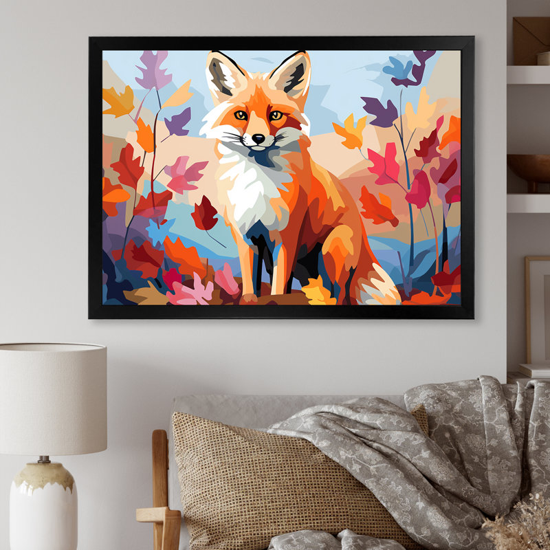 «Orange Foxes Leaf Adventure II», art mural animal renard, H 24 po x l 32 po x P 1 po, Cadre d'angle fermé noir