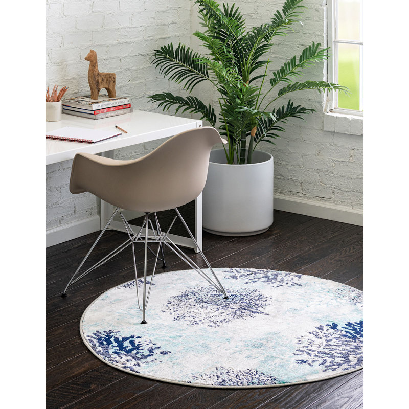 Tapis bleu turquoise à motif animalier Orason, Rond 4 pi