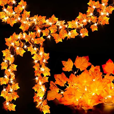 Fall Decor 2 Pack Lighted Fall Garland, Total 16.4Ft 40 LED Thanksgiving Decorations Halloween String Lights, Friendsgiving Gift Thanksgiving Decor For Home Holiday Autumn Garland Indoor