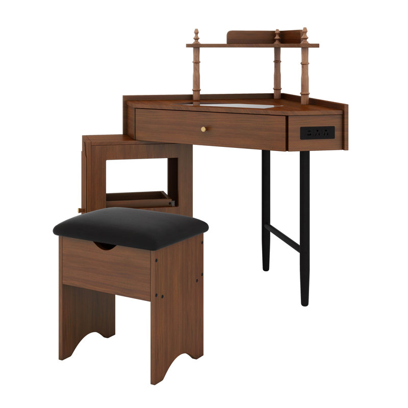 Commode élégante avec pieds en métal et armoire de rangement à miroir avec 6 tiroirs, Noyer