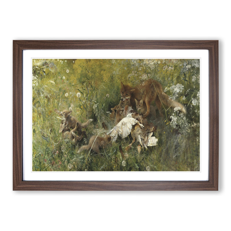 A Fox Family by Bruno Liljefors - Picture Frame Painting, 27cm H x 36cm W x 2cm D, Walnut Framed