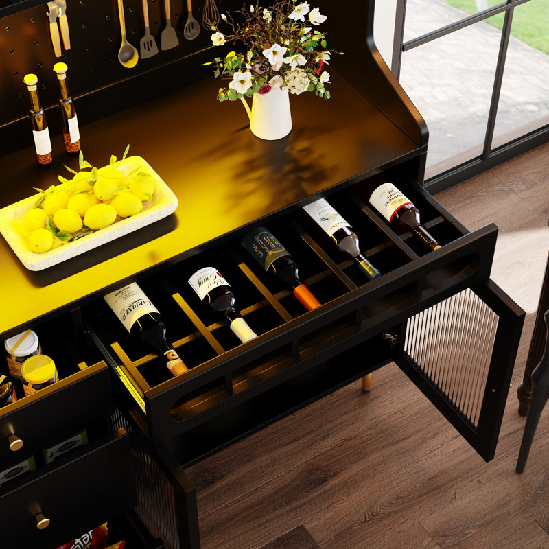 145×39×171cm Black Freestanding Tall Highboard with App USB LED, Pull-out Wine Rack, Pegboard & Adjustable Shelves for Kitchen & Living Room