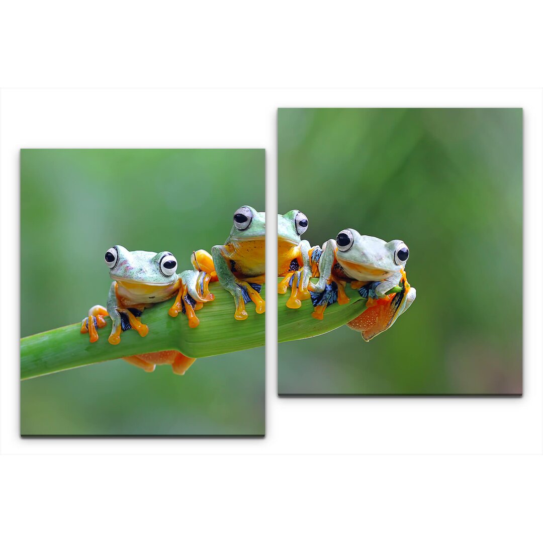 2-tlg. Leinwandbilder-Set Frösche auf einem Blatt