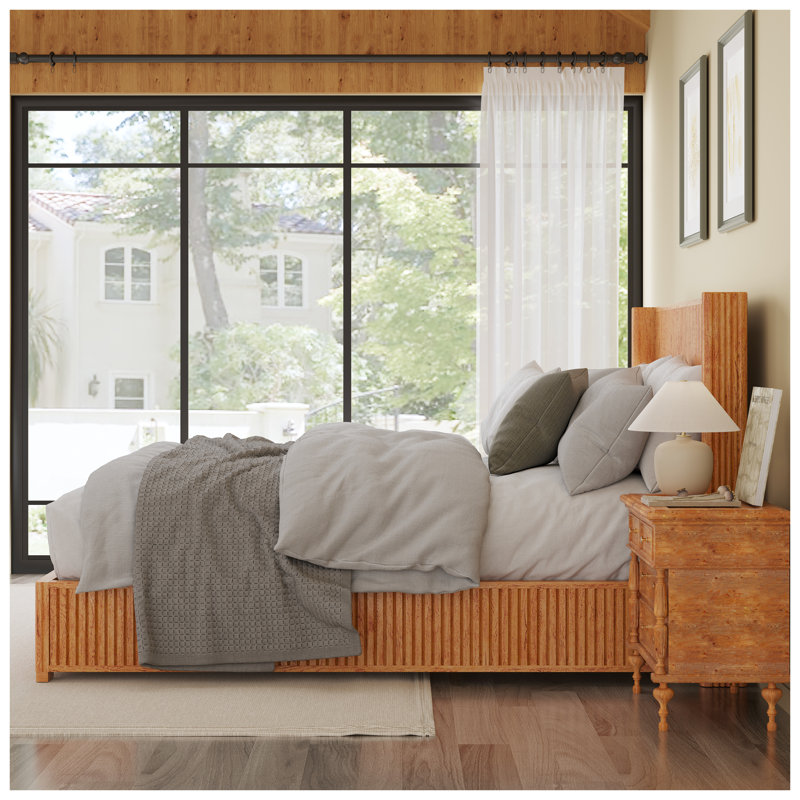 Base de lit plateforme en bois massif naturel avec tête de lit à lattes verticale - grand lit sur pied, aucun sommier requis