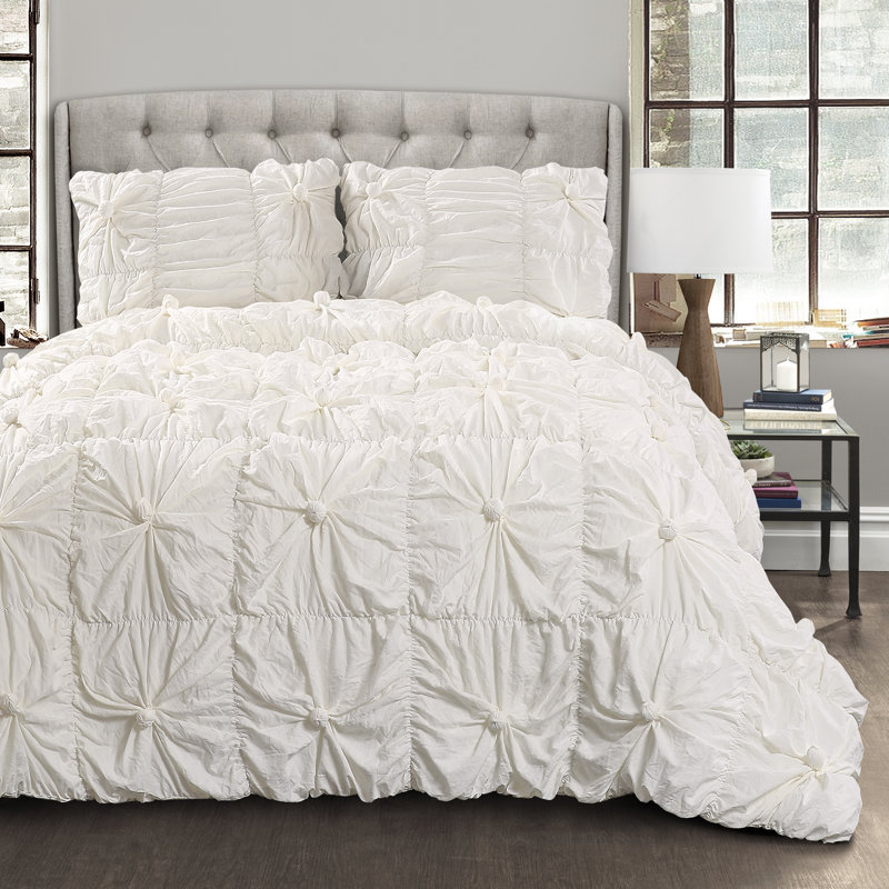 Bella 100% Cotton Modern & Contemporary 3 Piece Comforter Set, King Comforter + 2 Shams, White
