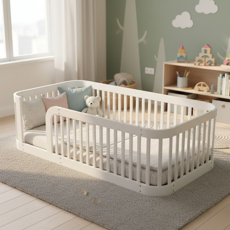 Wood Floor Bed With Guardrail, Twin, White