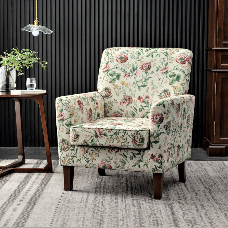 Chaise avec accoudoirs en mélange de polyester à motifs, structure en bois de bouleau massif avec pieds fuselés bruns, chaise d'appoint rembourrée de mousse avec garniture pour le bureau du salon