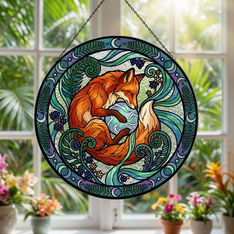 Fox Design Stained Glass Window Panel，12"H, 12"H