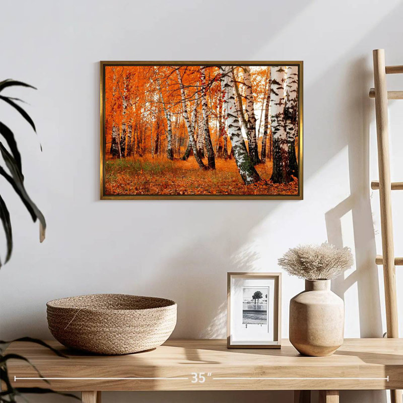 Forêt de bouleaux orange, 19 po x 13 po, Cadre flottant doré