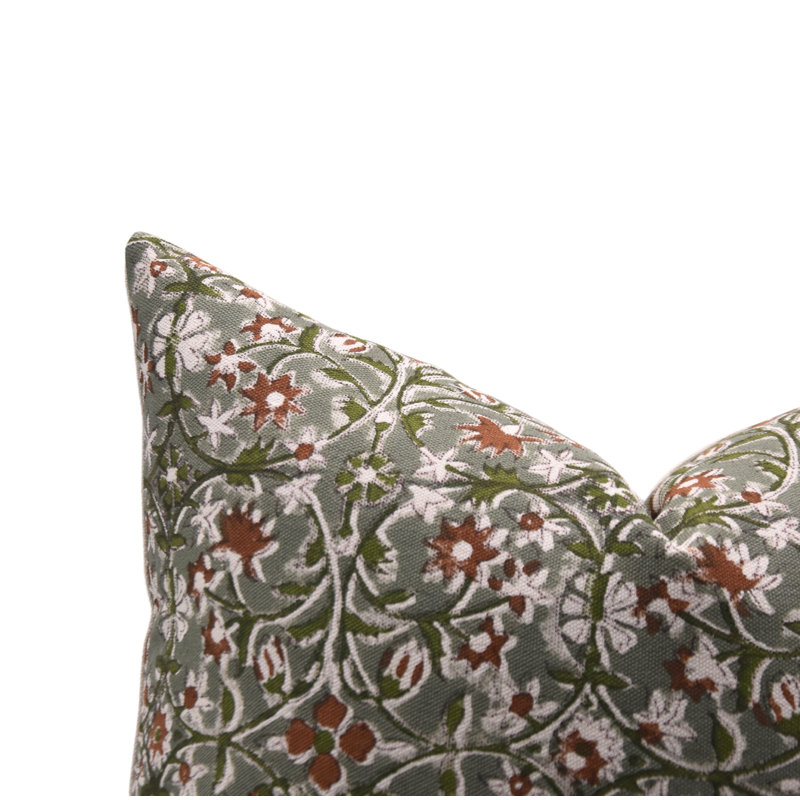 Handmade Block Print Cushion Cover Mhalaxmi 18X18 inch Cotton Duck Canvas Floral Brown Green , 18"H x 18"W