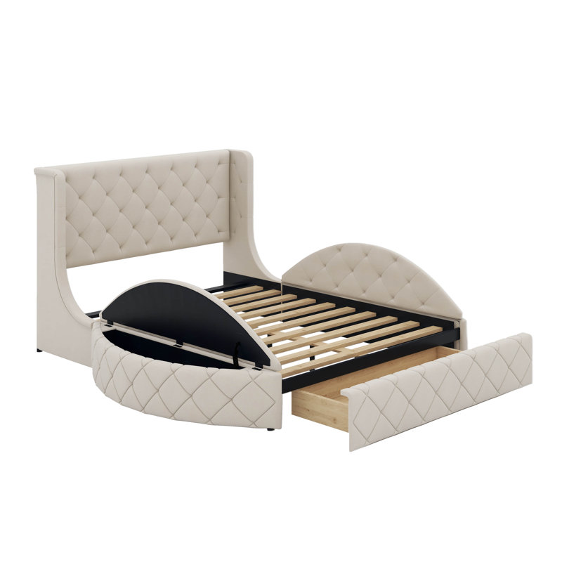 Grand lit plateforme tapissier en velours avec tête de lit et tiroir, Beige