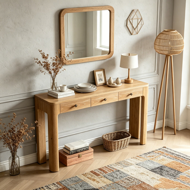 Console rustique avec coins arrondis et 3 tiroirs dissimulés, Natural