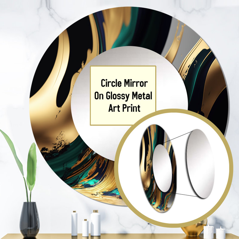 Osyth Green And Gold Agate II - Transitional Decorative Mirror, Green Round Wall Mirror, Printed Metal Art, 36" x 36"