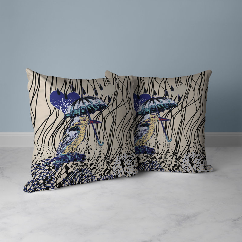 Coussin décoratif réversible Bird / Umbrella, H 16 po x l 16 po, Bleu / beige