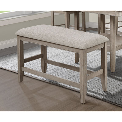 Rectangular Counter Height Bench With Grey Upholstery And Footrest, Strong Wood Frame For Dining Room In Beige Grey, Upholstered Area