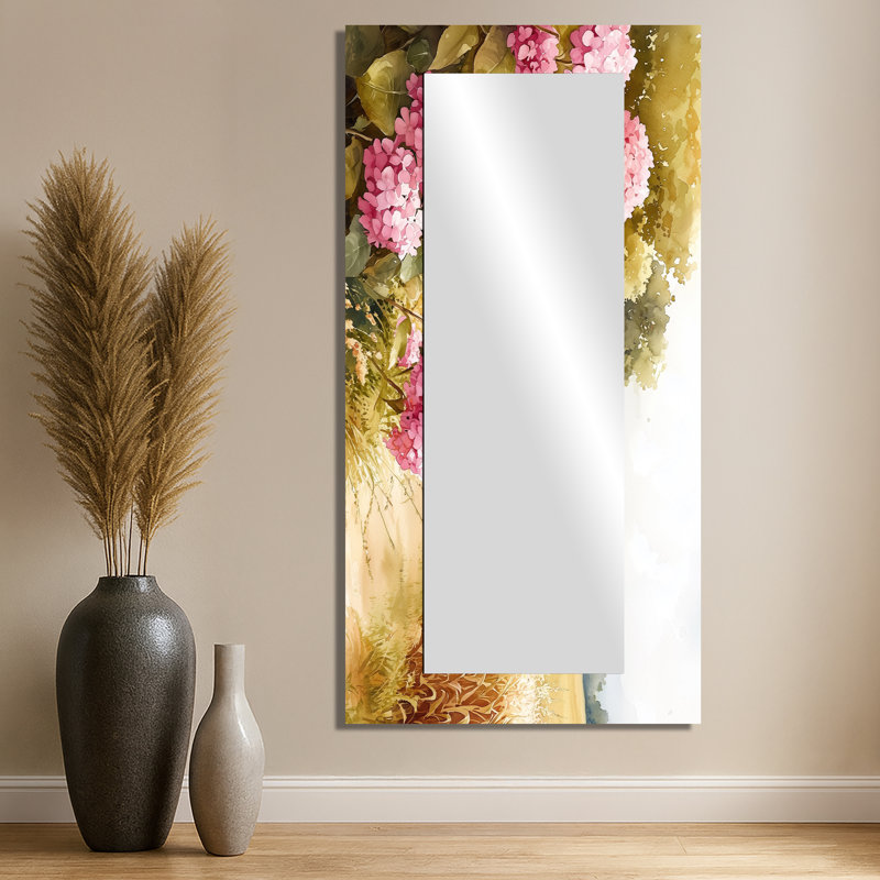 Hortensias dans le champ de maïs - Art mural miroir floral - imprimé sur métal, 28 po x 55 po