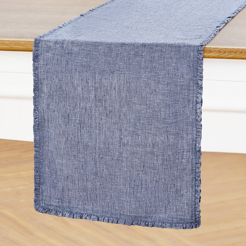 Juliette Ruffle - 100% Pure Linen Table Runner, 108" x 14", Chambray Indigo