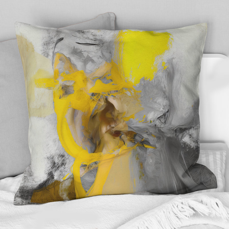Jaune moutarde et gris vif I - coussin imprimé, H 16 po x l 16 po, Carré
