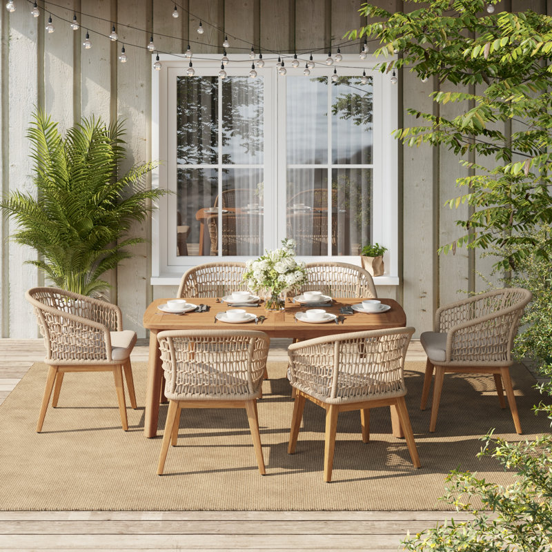 Ensemble de salle à manger d'extérieur en bois massif 6 personnes avec coussins Acacia, H 30,1 po x l 62,9 po x P 35,4 po, 6
