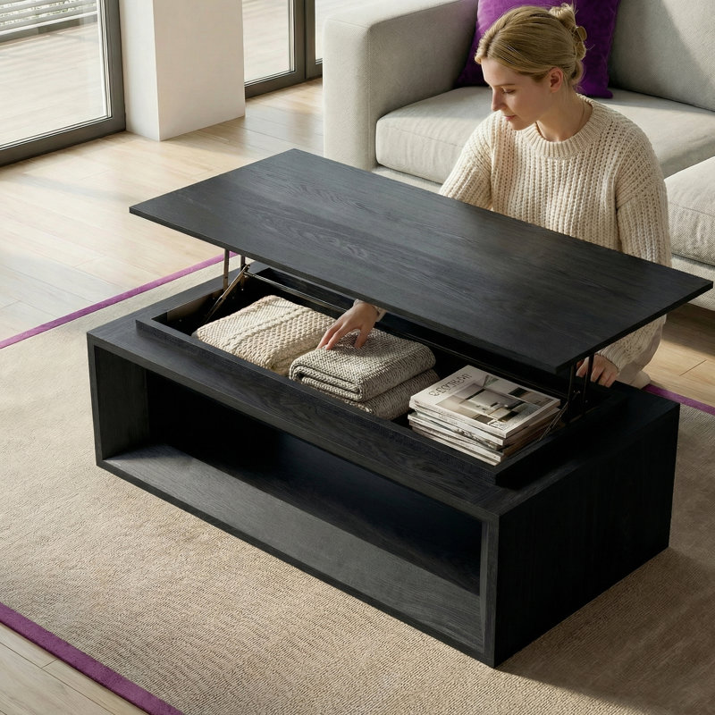 Table basse en bois massif Ã  plateau relevable avec tablette de rangement et compartiment dissimulÃ©, table d'appoint moderne plaquÃ©e Ã  hauteur rÃ©glable pour le salon d'un appartement