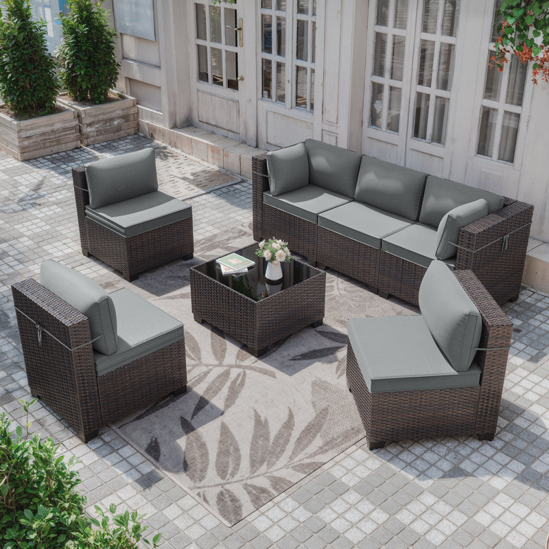 Ensemble de conversation modulaire pour patio en osier 6 personnes avec coussins, Gris