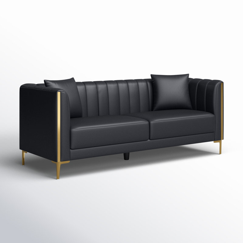 Dreiling 77.6" Faux Leather Tuxedo Arm Sofa, Black Performance Faux Leather