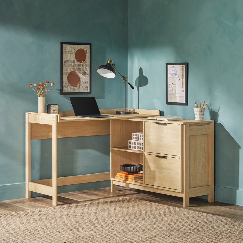 Modern Corner L Shaped Desk With Drawer Storage, Coastal Oak