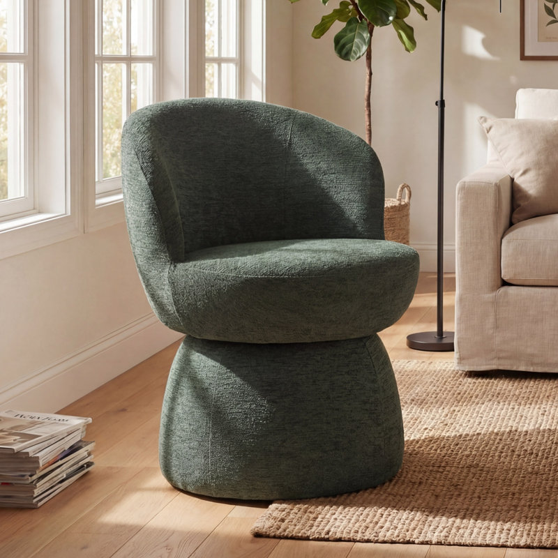 Upholstered Boucle Accent Chair MidBack Swivel Chair Armless Barrel Chiar, Green Polyester Blend