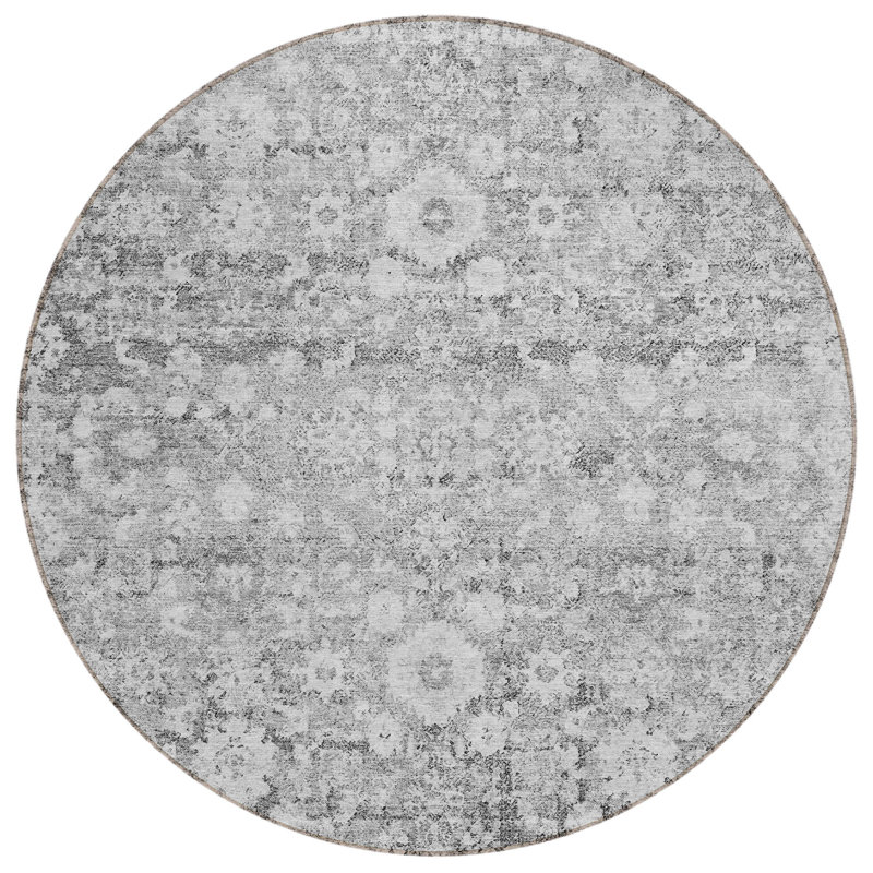 Tapis oriental rond 8 po gris argenté et étain