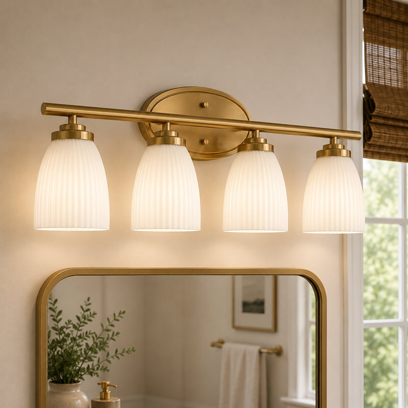 4-Lights Vanity Wall Light with Ribbed Frosted Glass Shades, 9.33" H x 33.3" W x 9.33" D, 4 Lights