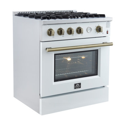 Cuisinière à gaz 30 pouces Marco en noir ou blanc et laiton antique, 4 brûleurs 37 000 BTU, 4,32 pieds cubes Four à convection avec jauge de température intégrée