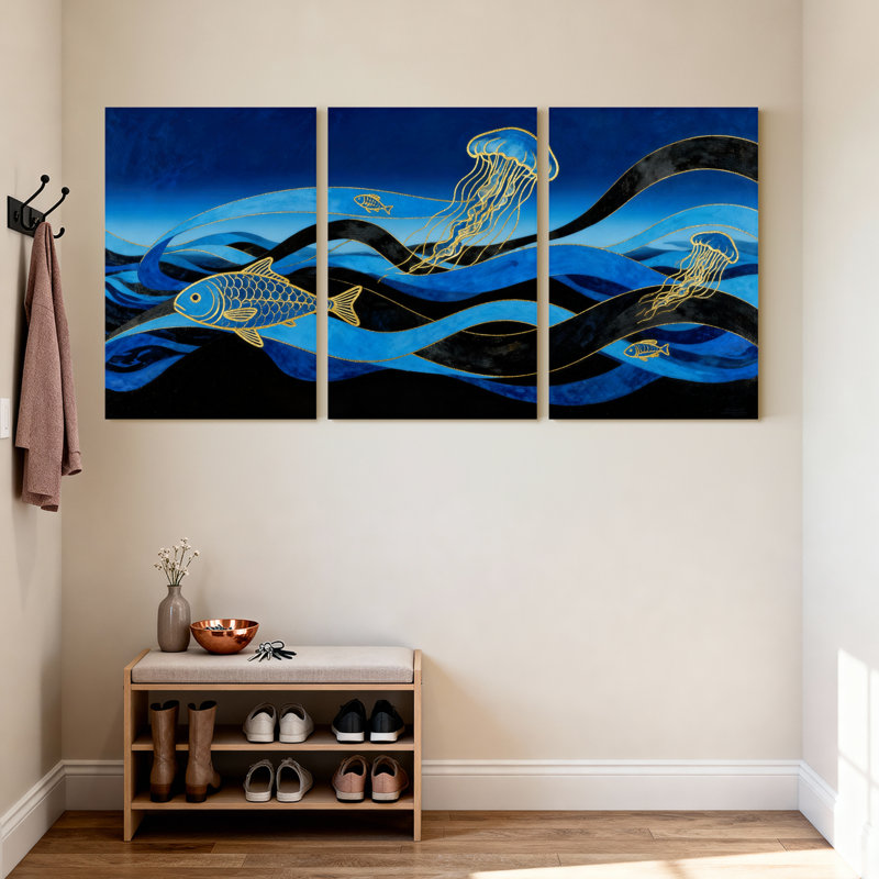 «Blue Waves Fish Jellyfish», ensemble de 3 impressions sur toile, H 24 po x l 48 po