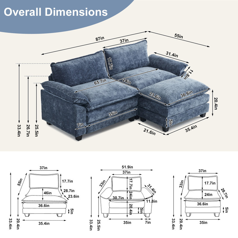 Fauteuil club en chenille bleu multi-coussins 42 "Alberty (ensemble de 2), Chenille bleu