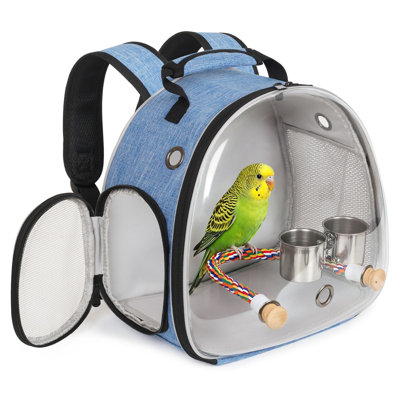 Small Bird Backpack Carrier for Parakeet Budgies Cockatiel, Clear Space Capsule Astronaut Bubble Window with Rope Perch and Clip On Cups, Denim Blue