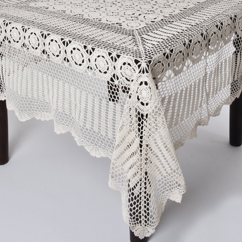 Medallion Collection Handmade Crochet Lace Cotton Tablecloth, 126" L x 72" W, Beige