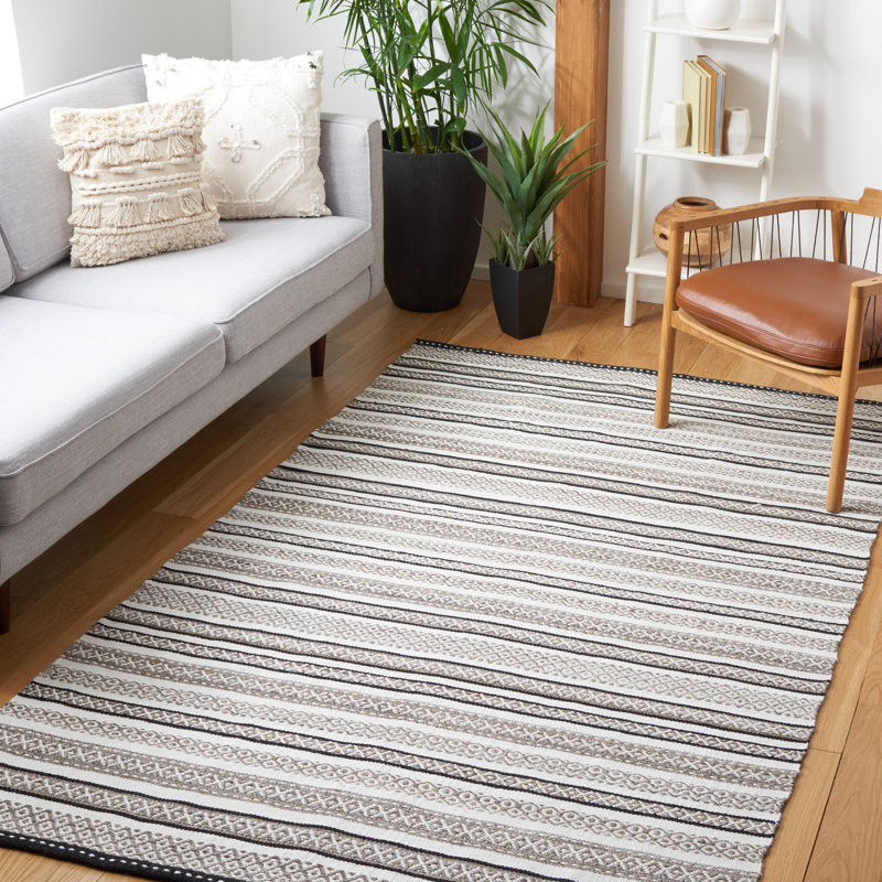 Tapis rayé kilim 102 noir / ivoire, Rectangle 4 pi x 6 pi