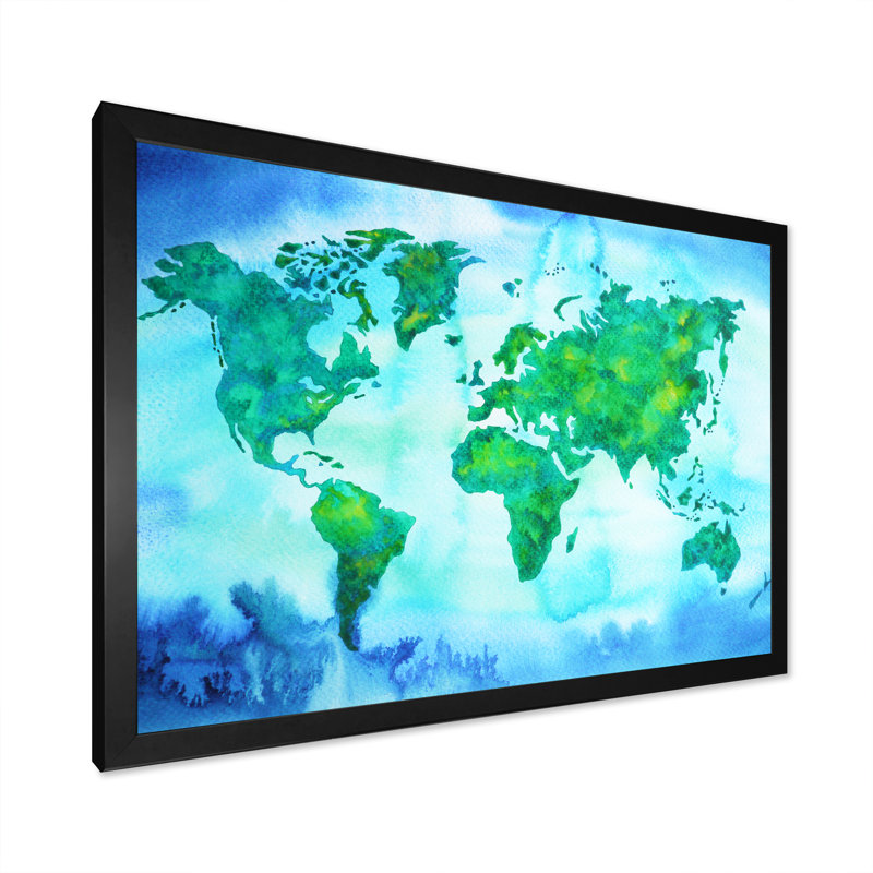 «World Map Blue Green Tone», reproduction sur toile, Cadre d'angle fermé noir, H 12 po x l 20 po x P 1 po