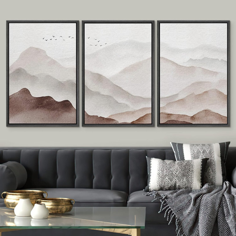 «Abstract Landscape Brown Watercolor Misty Mountain Range», reproduction de tableau encadrée sur toile 3 pièces, Noir