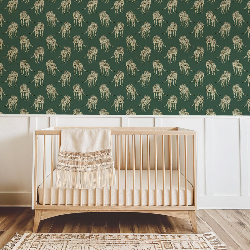 Prowling Cheetah - Wallpaper, Non-Pasted, Faux Grasscloth, Green