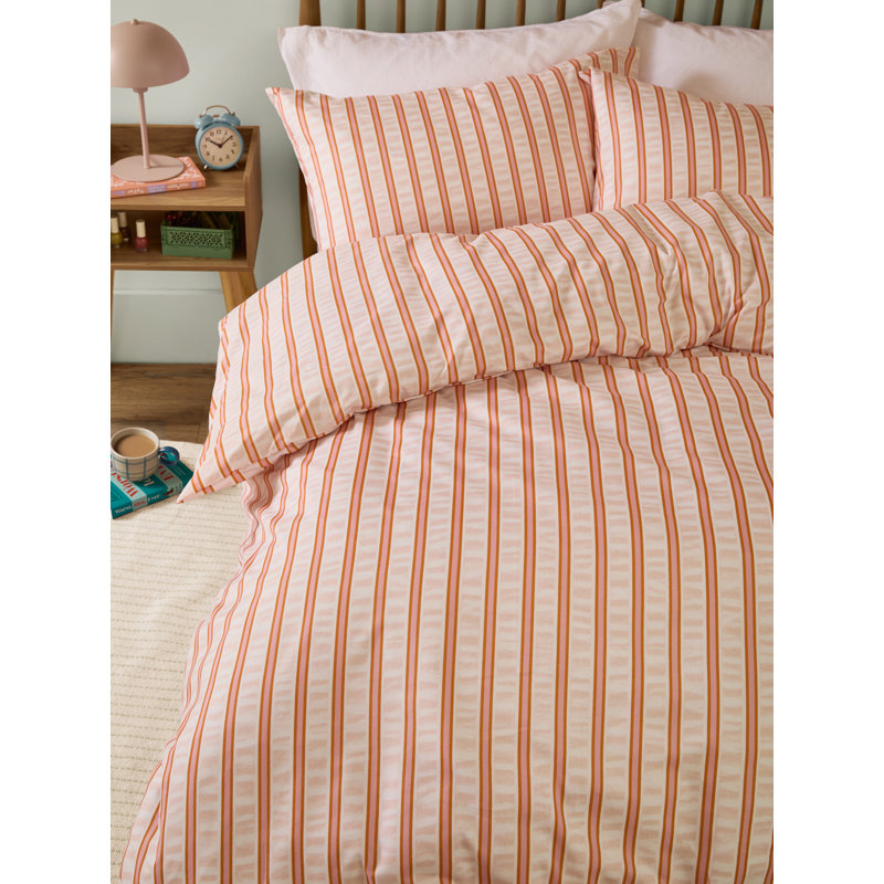Hettie Polyester Striped Duvet Cover Set with Pillowcases Included, Orange, Double Duvet Cover + 2 Standard Pillowcases