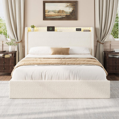 Boucle Bed Frame with Storage Headboard, Upholstered Platform Low Profile Bed Frame with 4 Storage Drawers, No Box Spring Needed, Noise Free by Wrought Studio