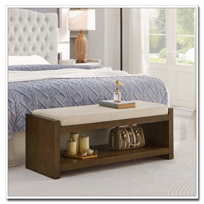 Wood Frame Storage Bench with Removable Cushion, Lower Shelf by Latitude Run
