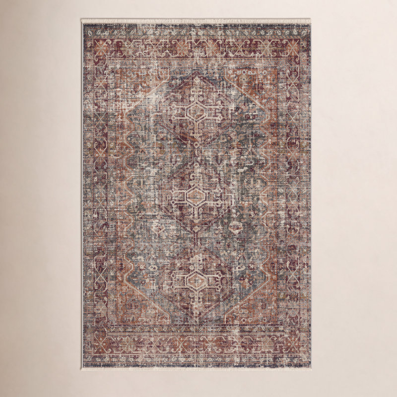 Tapis oriental en polypropylène tissé à la machine en rouge / bleu / brun Clemente, Rectangle 8 pi x 10 pi 6 po