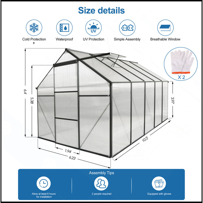 Serre en polycarbonate surélevée 6X10 pi, H 76,77 po x l 74,8 po x P 122,44 po, Noir
