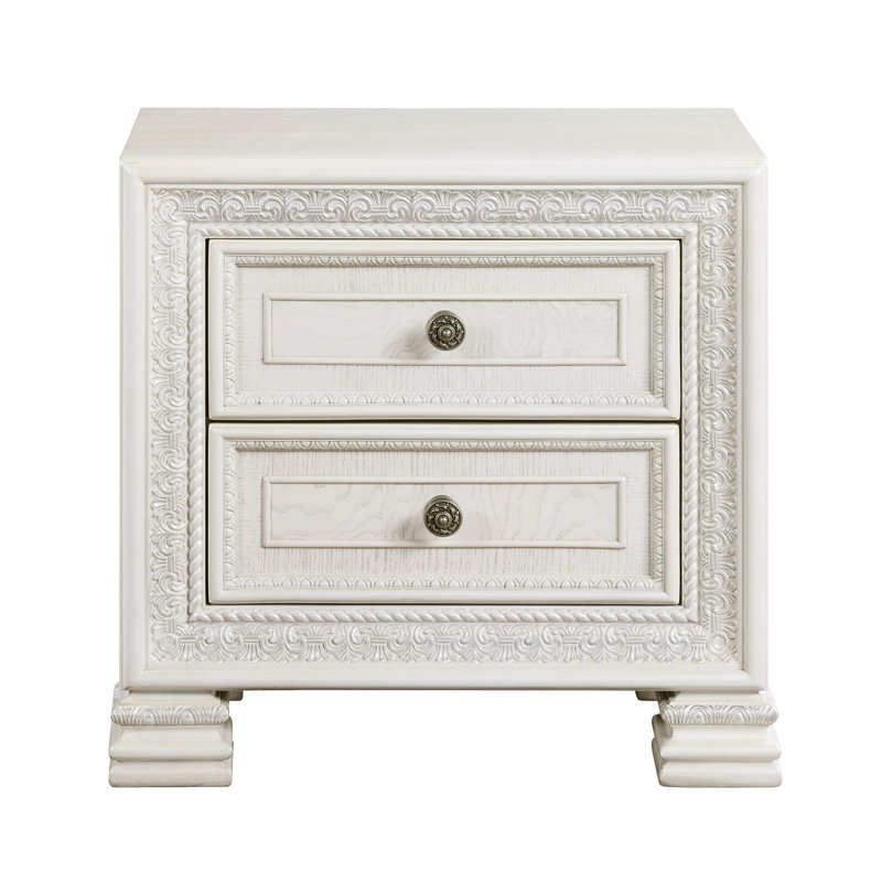 2 tables de chevet avec extérieur blanc perle et chambre à coucher en bois antique de style classique de luxe 2 tiroirs