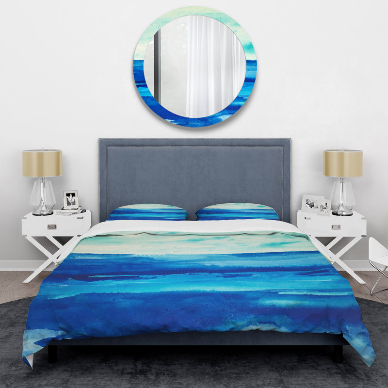 Abstract Duvet Cover Set - Blue Microfiber Coastal, King Duvet Cover + 2 Shams