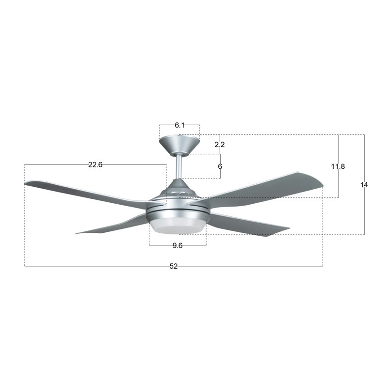 52" Ceiling Fan with Light and Remote, Damp Rated, Modern Silver LED Ceiling Fan for Living Room, Silver