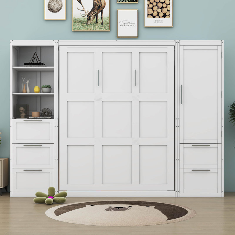 Grand lit escamotable mural avec tablettes, Blanc