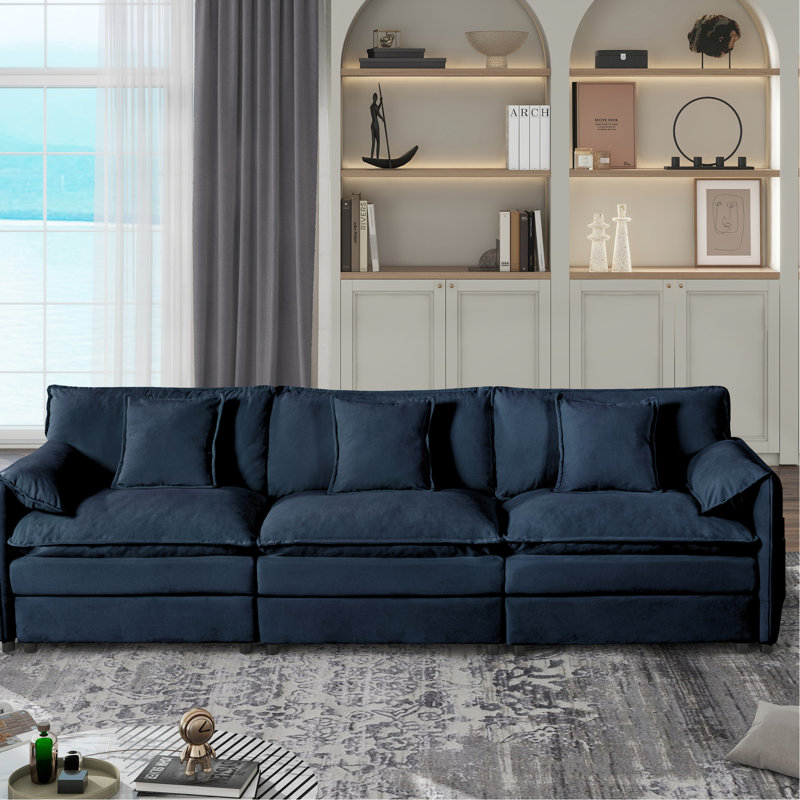 Chenille bleue 3 places, profondeur d'assise surdimensionnée. Doux et pour un bureau d'appartement. Assemblage polyvalent, mobilier de bureau modulaire Cloud 3. Siège très confortable, tissu respirant. Contemporain
