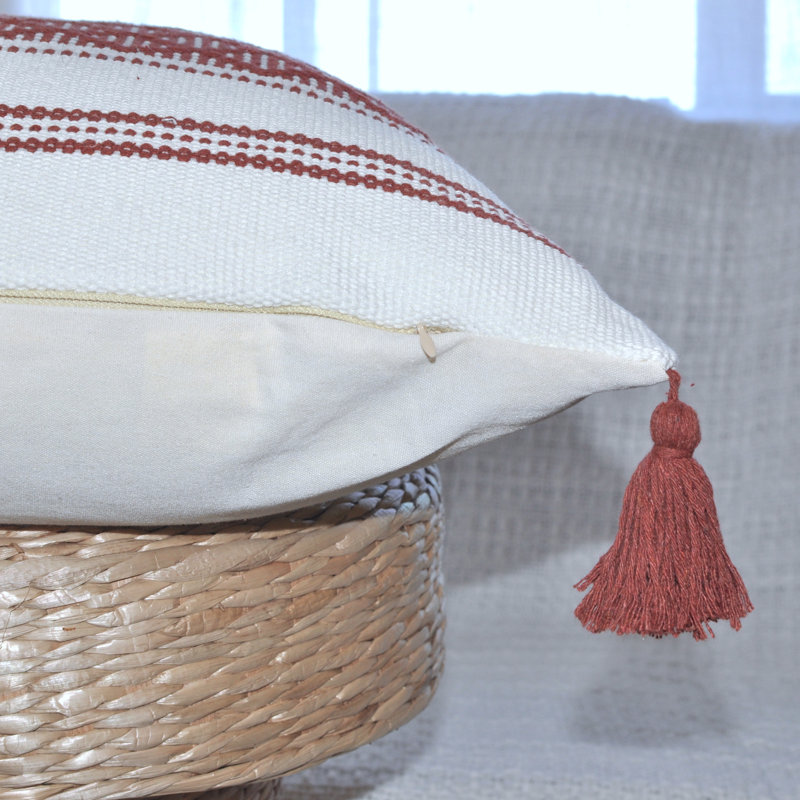 Woven Pillow Covers With Tassels, Geometric Pattern Pillowcases For Outdoor / Indoor (Set of 2), Rust Brown, 16" x 16"